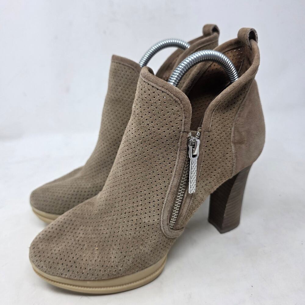 Donald J Pliner Taupe Perforated Suede Ankle Booties Block Heel Women 7